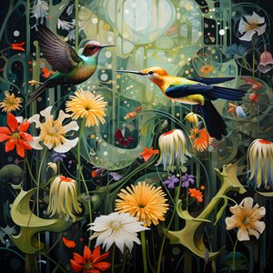 Hummingbirds and a Frog in the Forest 2