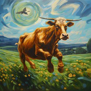 Cow Flying Over a Green Meadow 1
