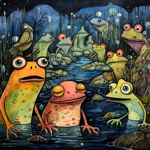 Full-page watercolor and ink painting of frogs 1