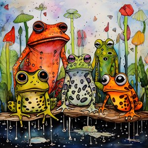 Full-page watercolor and ink painting of frogs 2