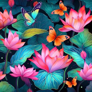 Seamless Pattern of Lotus Flowers and Butterflies 2