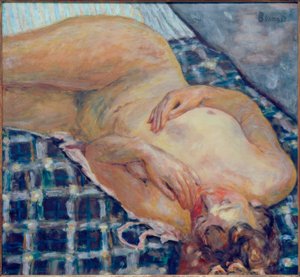 Reclining Nude, White and Blue Checkered Background