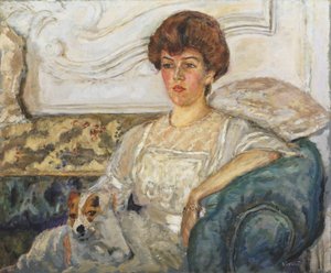 Woman on a blue sofa