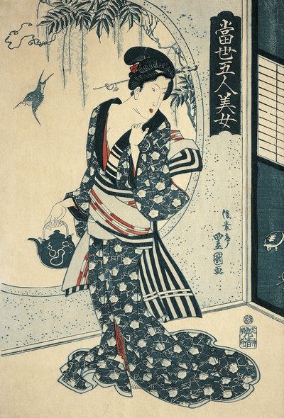 Young woman holding a teapot by Toyokuni II