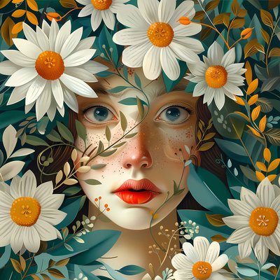 Beautiful Woman Face Surrounded by Poppy Flowers by F. Abderrahim