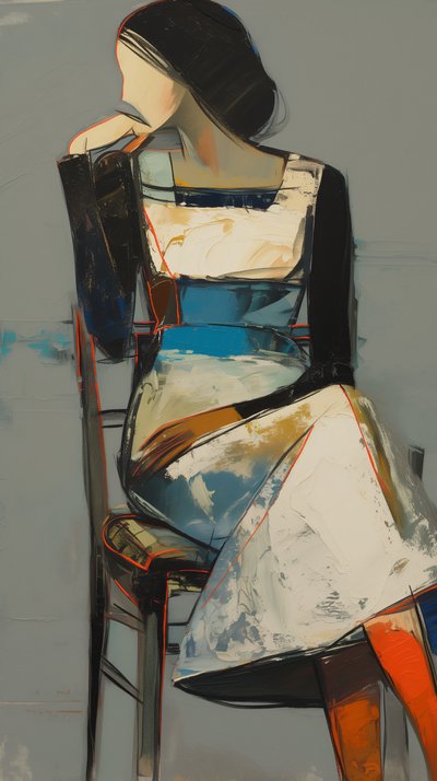 Abstract painting: a woman in a dress sitting by F. Abderrahim