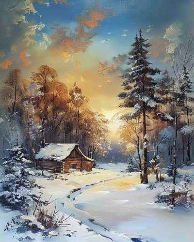Hut in the Middle of a Forest and Snow, Winter Landscape by F. Abderrahim