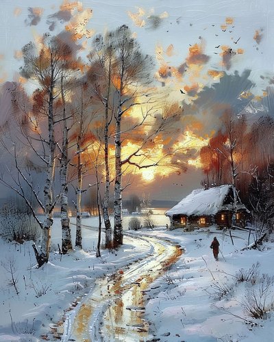Sunset in a Natural View Next to a Wooden Cabin on a Snowy Day by F. Abderrahim