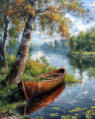 A Felucca in a Calm Tree-lined Lake by F. Abderrahim