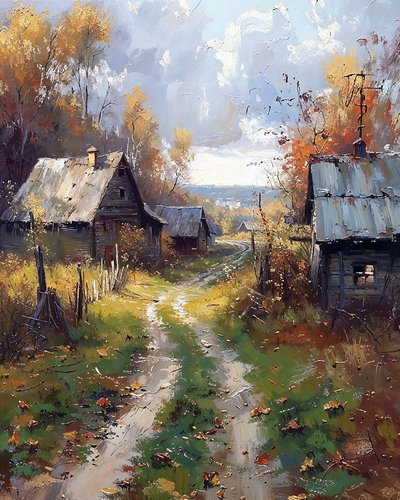 A country road between wooden cabins by F. Abderrahim