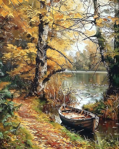 A wooden boat in the middle of an enchanted lake by F. Abderrahim