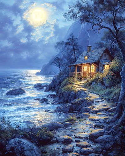 House on the edge of a lake under moonlight by F. Abderrahim