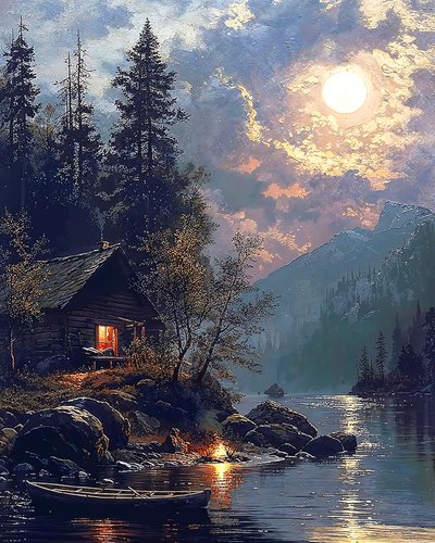 House by a lake painted in the moonlight by F. Abderrahim