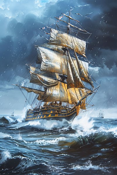 Frigate with full sails amidst a rough sea by F. Abderrahim
