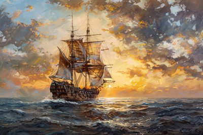 Pirate ship in the ocean at sunset by F. Abderrahim