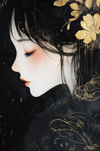 Black lacquer painting gilding with gold foil, beautiful girl by F. Abderrahim