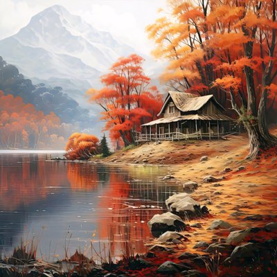 Cabin in the woods next to a river by F. Abderrahim