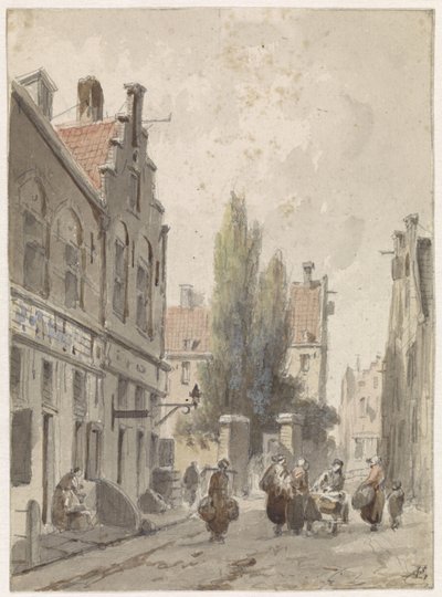 Cityscape with a Peddler by Adrianus Eversen