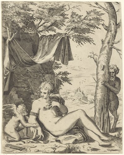 Venus, Amor, and Satyr by Agostino Carracci (attributed to)