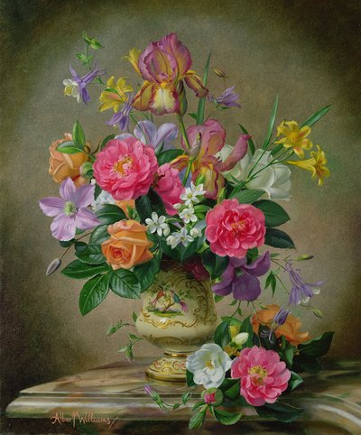 Peonies and irises in a ceramic vase by Albert Williams