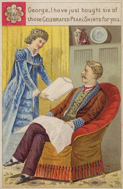 Lady Presenting New Shirt to Seated Gentleman by American School