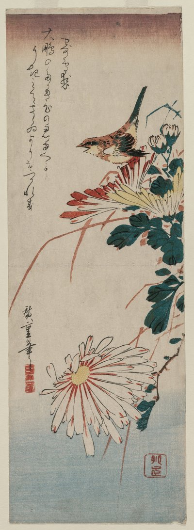 Warbler and Chrysanthemums by Ando Hiroshige