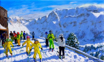 Young skiers in yellow, Val Gardena, Italy by Andrew Macara