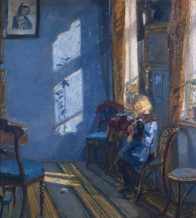 Sunshine in the blue livingroom by Anna Kirstine Ancher