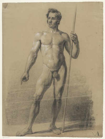 Standing Male Nude with Stick, Front View by Anonymous