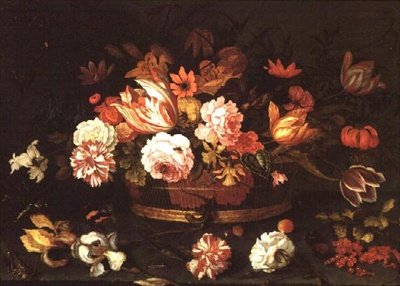 Roses, Tulips in a Basket by Balthasar van der Ast