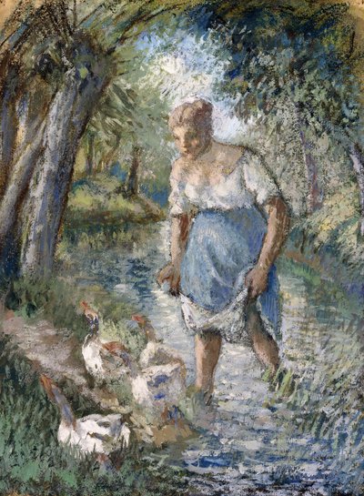 Peasant Crossing a Stream by Camille Jacob Pissarro