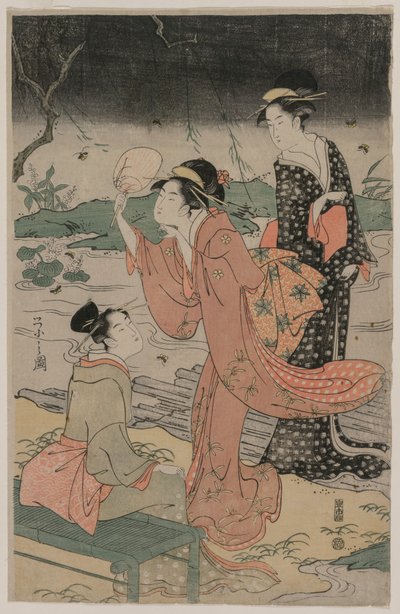 Women Beside a Stream Chasing Fireflies by Chobunsai Eishi