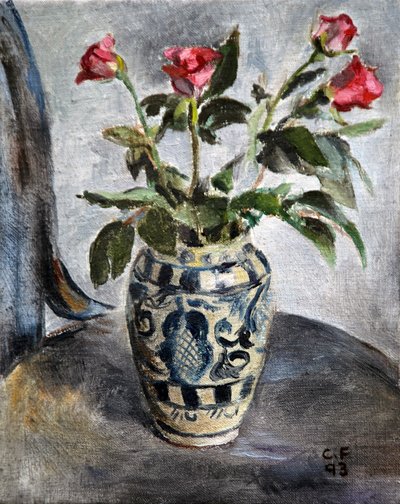 Pink Roses In A Painted Pot by Christian Furr