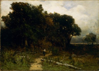 Untitled (landscape, woodcutter on path) by Edward Mitchell Bannister