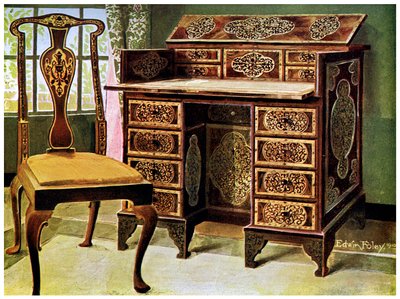 Walnut inlaid writing table, 1910 by Edwin Foley