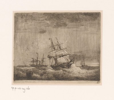 Sailing Ships and a Paddle Steamer at Sea by Egidius Linnig