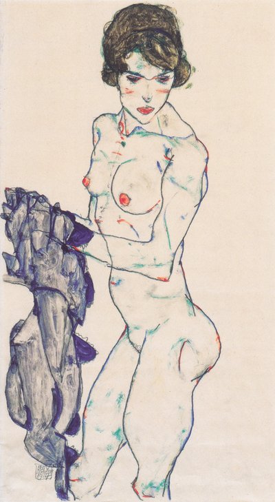 Standing Female Nude with Blue Cloth by Egon Schiele