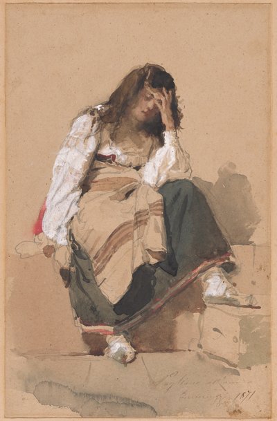 A Seated Peasant Girl in Contemplation by Eleuterio Pagliano