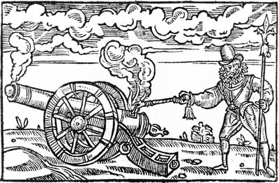 A Pikeman Lighting a Cannon by English School