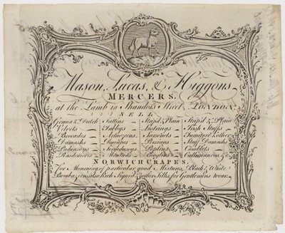 Mason Lucas and Higgons Mercer, trade card by English School