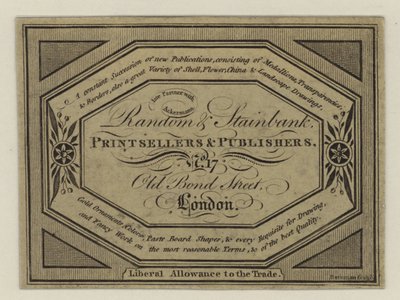 Random & Stainbank Printsellers and Publishers, trade card by English School