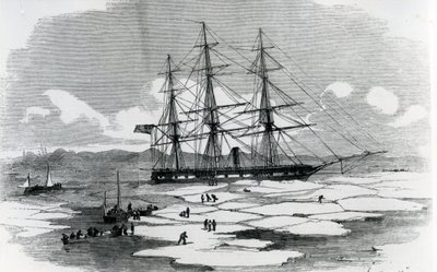 Ship exploring the Arctic (engraving) by English School