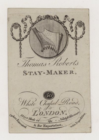 Thomas Roberts Stay Maker, trade card by English School