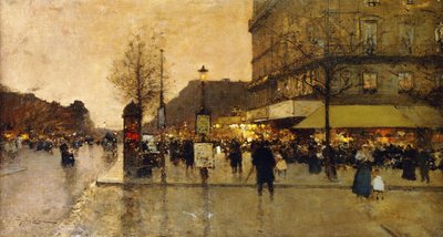 A Parisian Street Scene by Eugene Galien Laloue