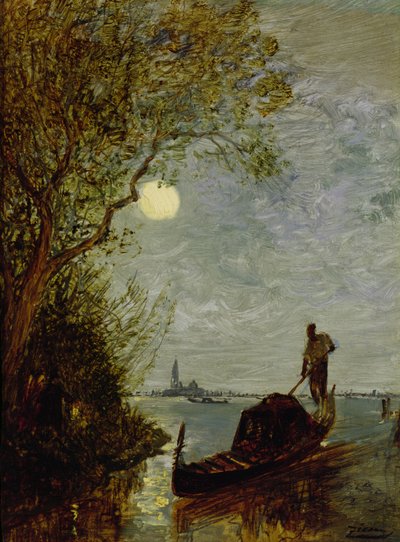 Moonlit Scene with Gondola by Félix Ziem