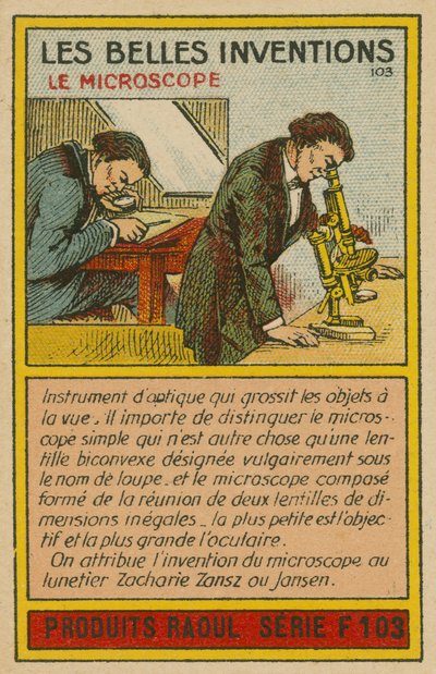 Beautiful inventions card, microscope by French School