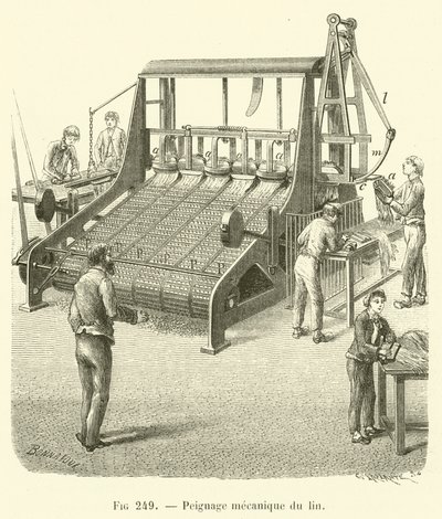 Mechanical Flax Combing (engraving) by French School