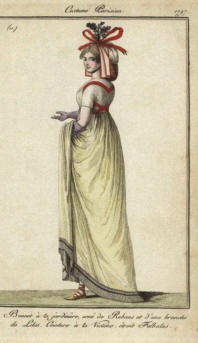 Woman in victim-style belt and jardiniere hat by French School