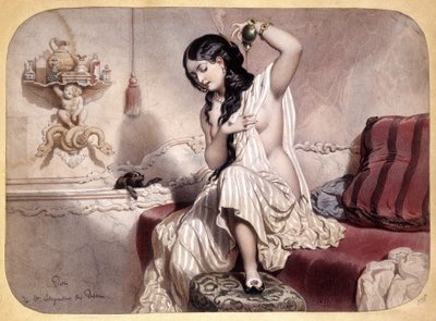 Woman perfuming after bath - lithography, c.1860 by French School