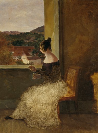 Lady at the Window with Spinning Wheel by Friedrich Loos